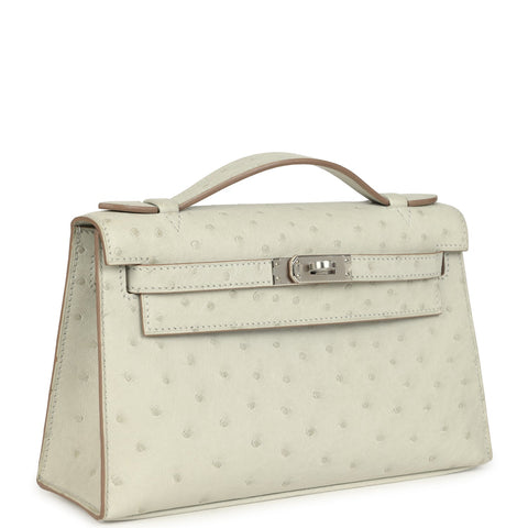 Hermes Kelly Pochette Gris Perle Ostrich Palladium Hardware
