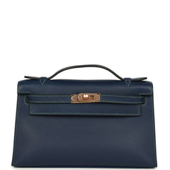 Hermes Special Order (HSS) Kelly Pochette Bleu Navy Verso Swift Rose Gold Hardware