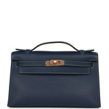 Hermes Special Order (HSS) Kelly Pochette Bleu Navy Verso Swift Rose Gold Hardware