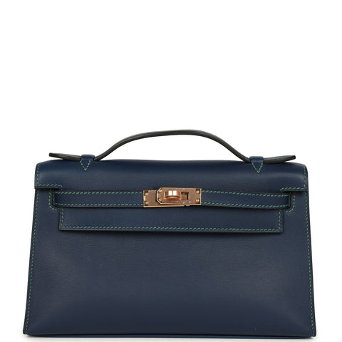 Hermes Special Order (HSS) Kelly Pochette Bleu Navy Verso Swift Rose Gold Hardware