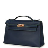 Hermes Special Order (HSS) Kelly Pochette Bleu Navy Verso Swift Rose Gold Hardware