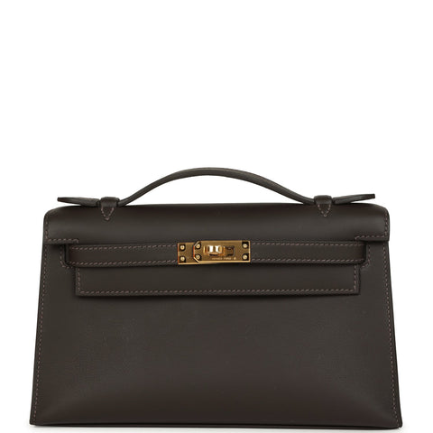 Hermes Kelly Pochette Bai-Brun Swift Gold Hardware