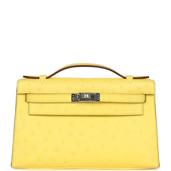 Hermes Kelly Pochette Jaune Citron Ostrich Palladium Hardware