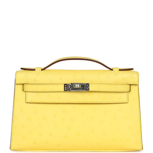 Hermes Kelly Pochette Jaune Citron Ostrich Palladium Hardware