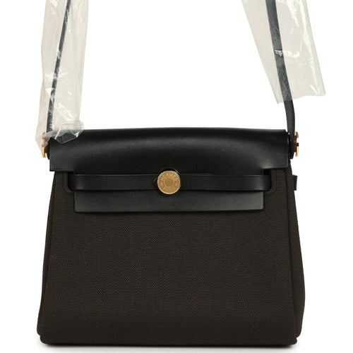 Hermes Herbag Zip 20 Mini Dark Bronze Toile Militaire Canvas and Black Vache Hunter Gold Hardware