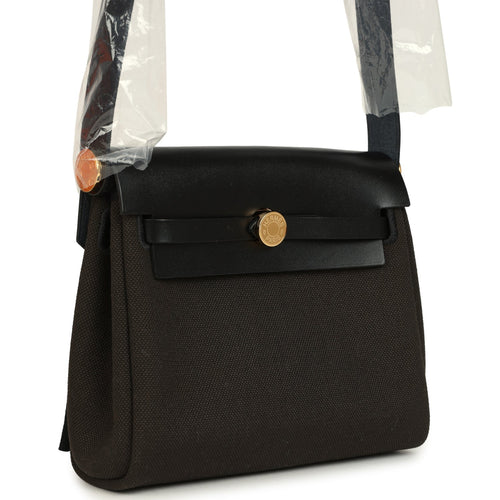 Hermes Herbag Zip 20 Mini Dark Bronze Toile Militaire Canvas and Black Vache Hunter Gold Hardware