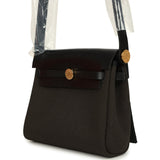 Hermes Herbag Zip 20 Mini Dark Bronze Toile Militaire Canvas and Black Vache Hunter Gold Hardware