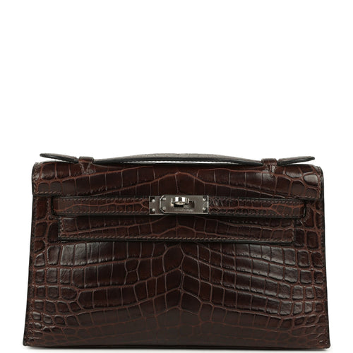 Vintage Hermes Kelly Pochette Havane Matte Niloticus Crocodile Palladium Hardware