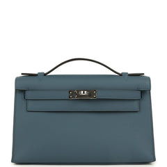 Hermes Kelly Pochette Bleu Tempette Swift Palladium Hardware