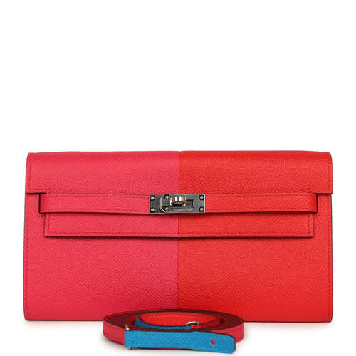 Hermes Kelly Wallet To Go Casaque Rouge De Coeur, Rose Extreme and Bleu Zanzibar Epsom Palladium Hardware
