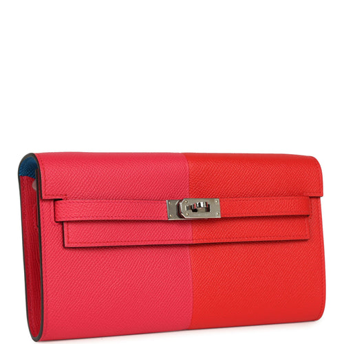 Hermes Kelly Wallet To Go Casaque Rouge De Coeur, Rose Extreme and Bleu Zanzibar Epsom Palladium Hardware