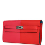 Hermes Kelly Wallet To Go Casaque Rouge De Coeur, Rose Extreme and Bleu Zanzibar Epsom Palladium Hardware