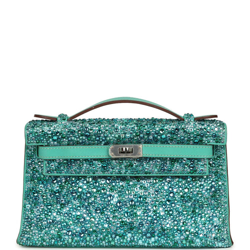 Custom "Aquamarine" Swarovski Crystal Pre-owned Hermes Kelly Pochette Lagon Swift Palladium Hardware