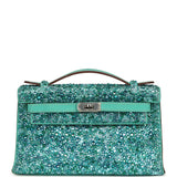 Custom "Aquamarine" Swarovski Crystal Pre-owned Hermes Kelly Pochette Lagon Swift Palladium Hardware