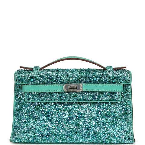 Custom "Aquamarine" Swarovski Crystal Pre-owned Hermes Kelly Pochette Lagon Swift Palladium Hardware