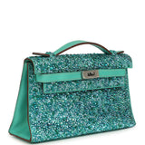 Custom "Aquamarine" Swarovski Crystal Pre-owned Hermes Kelly Pochette Lagon Swift Palladium Hardware