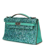 Custom "Aquamarine" Swarovski Crystal Pre-owned Hermes Kelly Pochette Lagon Swift Palladium Hardware