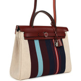 Hermes Special Order (HSS) Herbag Zip PM 31 "Striped" Rouge H Vache Hunter, Ecru, Bleu, Bordeaux and Beige Toile H Canvas Lacquered Palladium Hardware