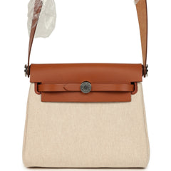 Hermes Herbag Zip 20 Mini Ecru and Beige Toile H Canvas and Fauve Vache Hunter Palladium Hardware