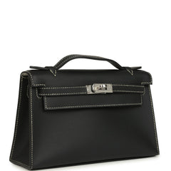 Hermes Special Order (HSS) Kelly Pochette Black Verso Swift Palladium Hardware