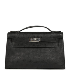 Hermes Kelly Pochette Black Ostrich Palladium Hardware
