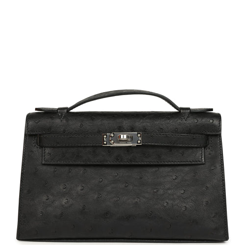Hermes Kelly Pochette Black Ostrich Palladium Hardware
