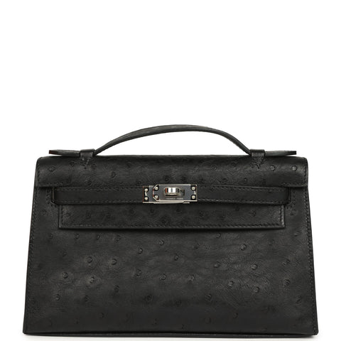 Hermes Kelly Pochette Black Ostrich Palladium Hardware