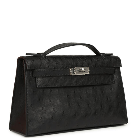 Hermes Kelly Pochette Black Ostrich Palladium Hardware