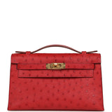 Pre-owned Hermes Kelly Pochette Rouge Vif Ostrich Gold Hardware