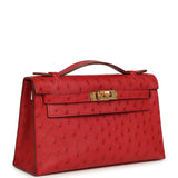 Pre-owned Hermes Kelly Pochette Rouge Vif Ostrich Gold Hardware