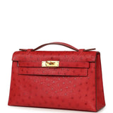 Pre-owned Hermes Kelly Pochette Rouge Vif Ostrich Gold Hardware