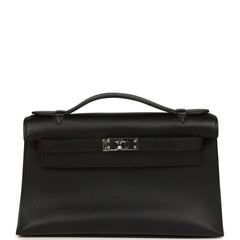 Vintage Hermes Kelly Pochette Black Swift Palladium Hardware