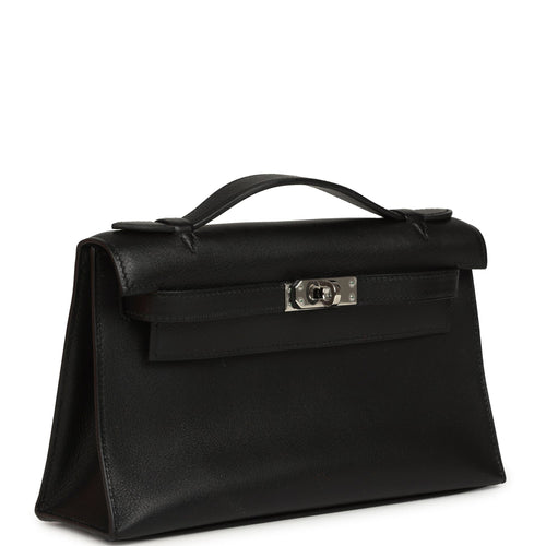 Vintage Hermes Kelly Pochette Black Swift Palladium Hardware