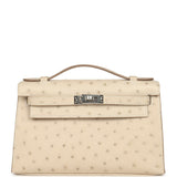 Hermes Kelly Pochette Craie Ostrich Palladium Hardware