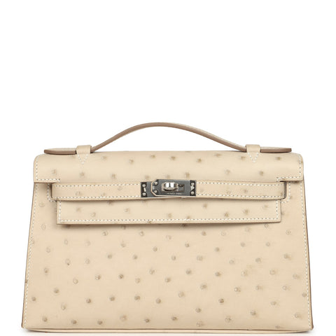 Hermes Kelly Pochette Craie Ostrich Palladium Hardware