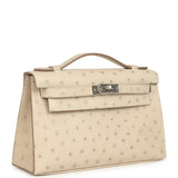 Hermes Kelly Pochette Craie Ostrich Palladium Hardware