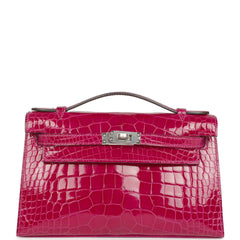 Hermes Kelly Pochette Rose Pourpre Shiny Alligator Palladium Hardware