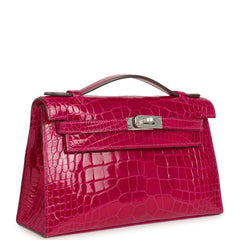 Hermes Kelly Pochette Rose Pourpre Shiny Alligator Palladium Hardware