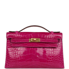Hermes Kelly Pochette Rose Scheherazade Shiny Alligator Gold Hardware