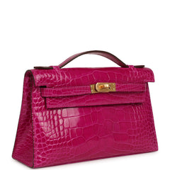 Hermes Kelly Pochette Rose Scheherazade Shiny Alligator Gold Hardware