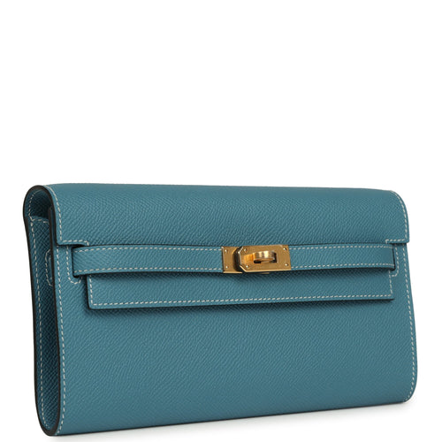Hermes Kelly Wallet To Go Blue Jean Epsom Gold Hardware