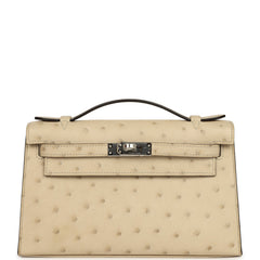 Hermes Kelly Pochette Parchemin Ostrich Palladium Hardware