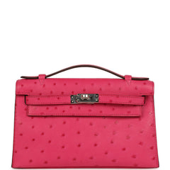 Hermes Kelly Pochette Rose Tyrien Ostrich Palladium Hardware