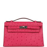 Hermes Kelly Pochette Rose Tyrien Ostrich Palladium Hardware