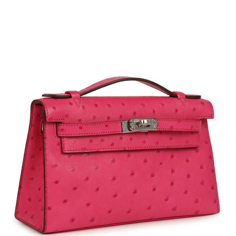 Hermes Kelly Pochette Rose Tyrien Ostrich Palladium Hardware