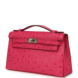 Hermes Kelly Pochette Rose Tyrien Ostrich Palladium Hardware