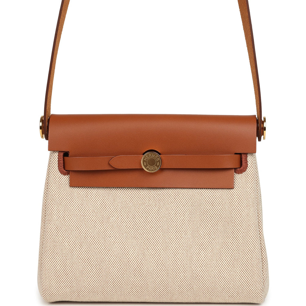 Hermès Herbag mini 20, ecru and beige Toile H canvas, Fauve Vache Hunter leather trim, gold