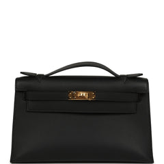 Pre-owned Hermes Kelly Pochette Black Swift Gold Hardware