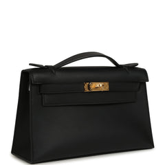 Pre-owned Hermes Kelly Pochette Black Swift Gold Hardware