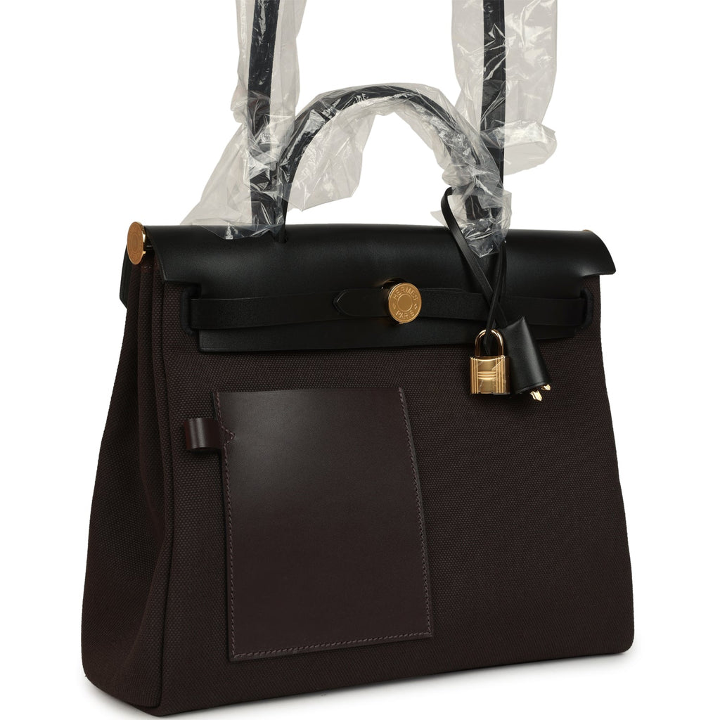 Hermes Herbag Zip Pocket PM 31 Ebene Militaire Canvas and Black Vache